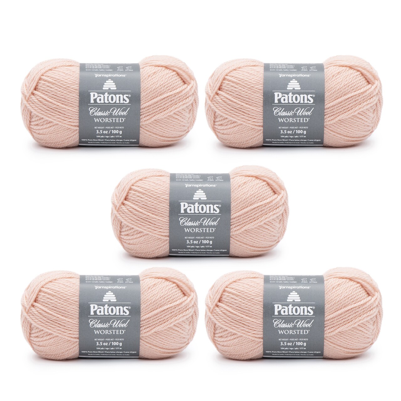 Patons Classic Wool Peach Blush Yarn - 5 Pack of 3.5oz/100g - Wool - 4 Medium - 210 Yards - Knitting/Crochet